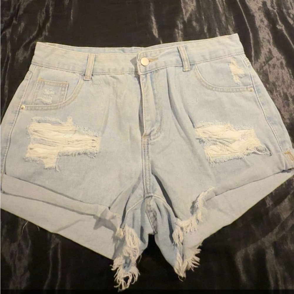 Blue Distressed Jean Shorts with Frayed Hem